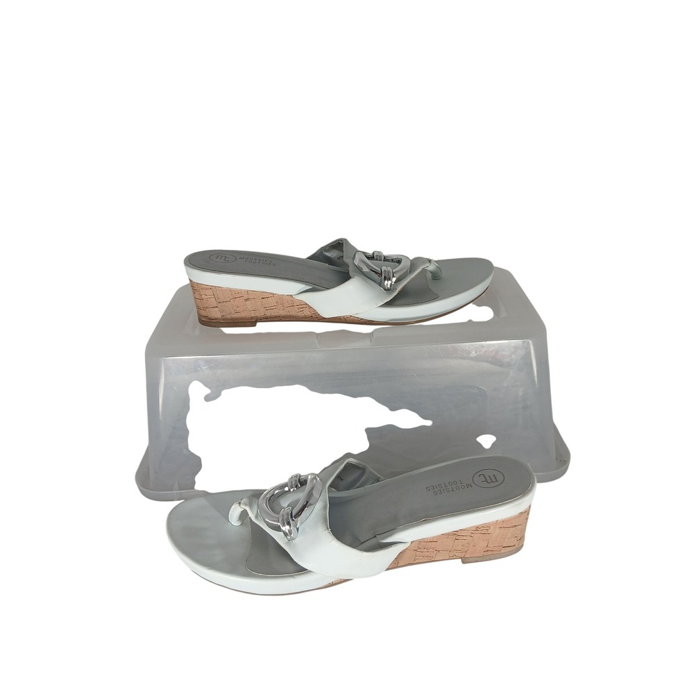 Mootsies Tootsies Wedge Sandals 7M White Cork Heel Silver Buckle Summer Casual
